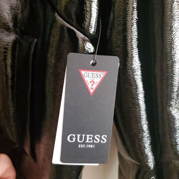 Guess Gift Black Bomber Jacket Faux Leather And Sherling Size M Shiny Vegan - Picture 4 of 9